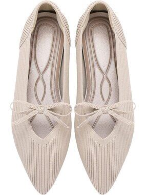 Women's Beige Pointed Toe Flats Comfortable Knit Washable Casual Ballet Shoes